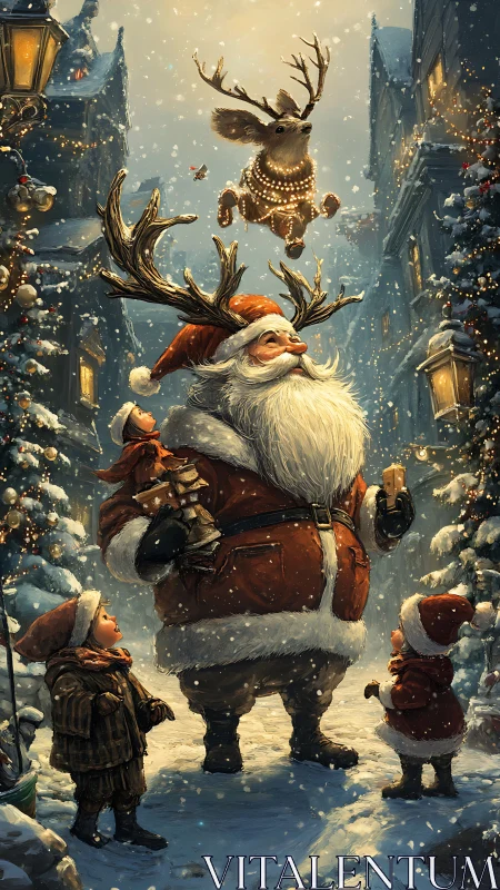 Antlered Santa delights children beneath a flying reindeer.