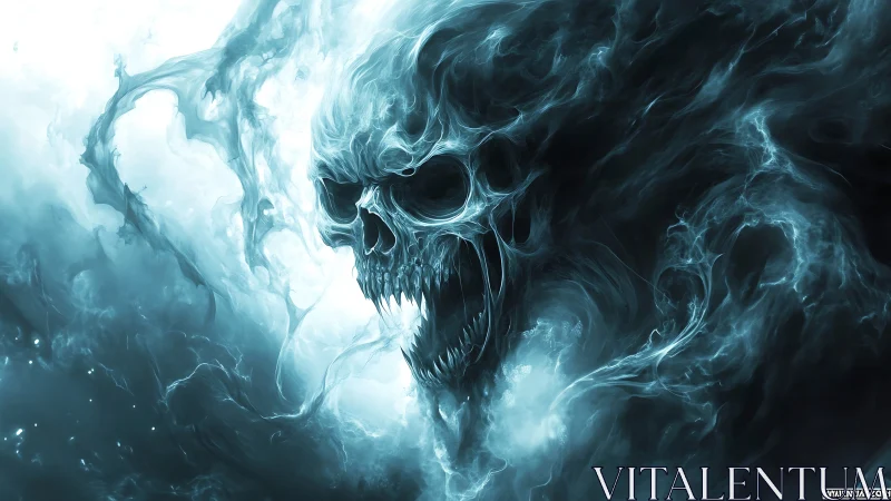 Spectral skull apparition in swirling ghostly mist.