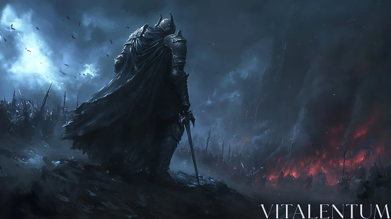 Stormlit warlord pauses as a burning citadel devours night