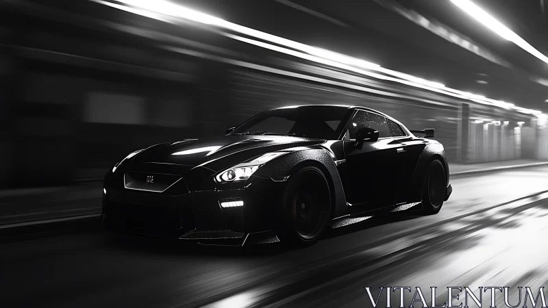 Black sports coupe in motion through blurred night tunnel.