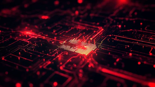 Glowing red processor core illuminates abstract digital circuit