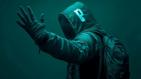 Hooded figure in teal jacket raising gloved hand in shadow.