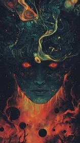 Cosmic pyroclastic visage with swirling nebular filaments