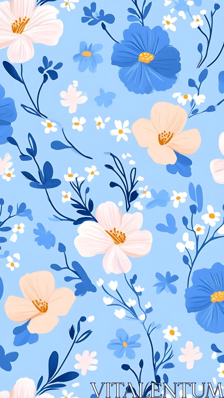 Floral pattern with blue and pale peach flowers on light blue background.