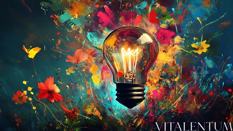 Glowing light bulb centered in vivid abstract paint field.