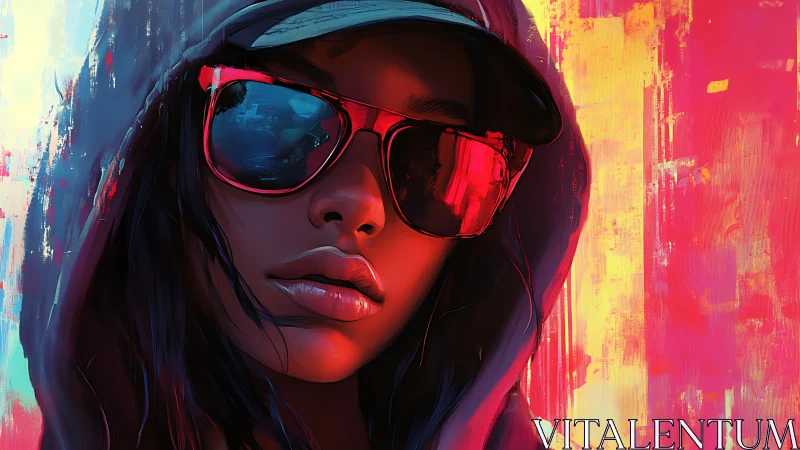 Neon hooded woman in sunglasses against abstract city glow.