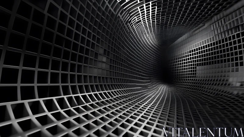 Abstract metallic tunnel of intersecting grids in monochrome style.