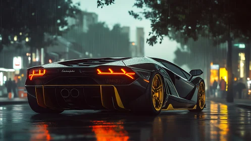 Sleek supercar glows on a rainy neon city street at dusk