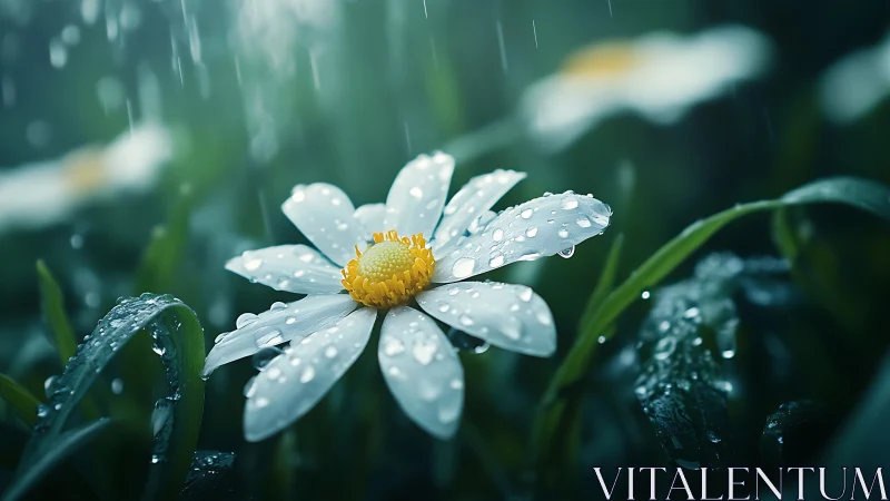 White daisy macro under rainfall with cinematic bokeh glow.