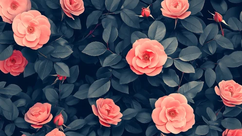 Coral Roses Waltz Through Shadowed Foliage.