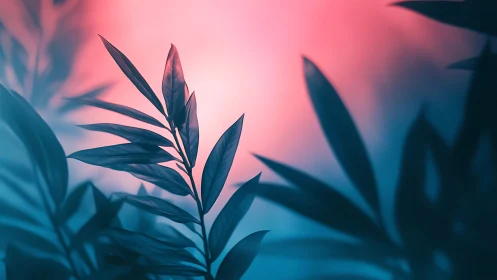 Backlit foliage silhouettes under cyan magenta bokeh gradient