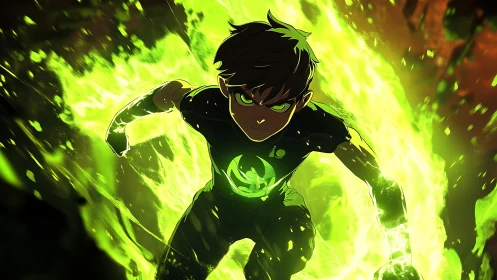 Neon-fueled teen hero storms through radioactive green blaze.