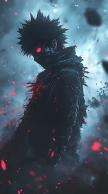 Storm-lit shadow hero with glowing ember eyes in mist.