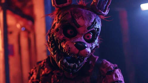 Distressed animatronic rabbit mask under neon horror lighting