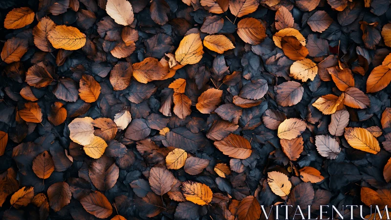 Golden autumn leaves rest on deep blue forest floor.