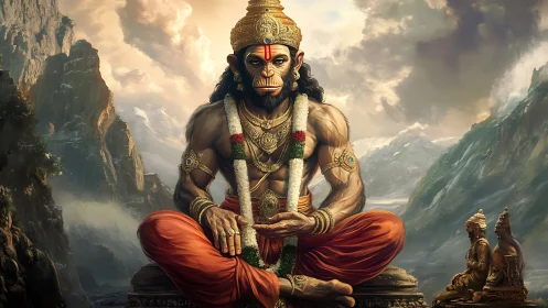 Deity-like humanoid figure seated amid mountainous landscape.