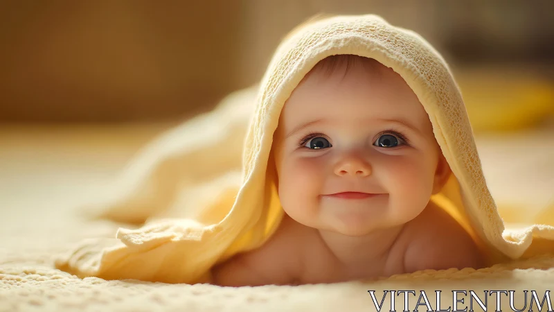 Infant wrapped in soft yellow towel gazing upward.