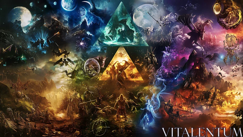 Epic fantasy battle collage around glowing triangle symbol.