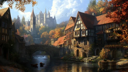 Medieval riverside village beneath distant hilltop castle.