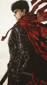 Armored warrior in profile with torn red cloak in wind.