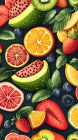 Digital illustration arranges sliced mixed fruits in dense layout