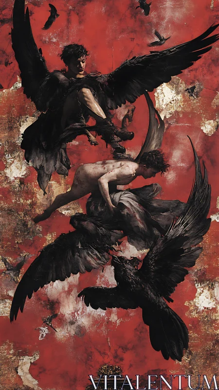 Winged figures and crows intersect on distressed red field