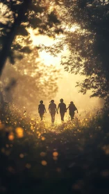 Golden path of childhood silhouettes in glowing forest light.