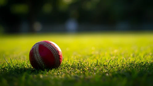 Red cricket ball rests on sunlit green outfield.