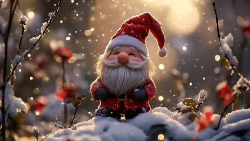 Santa figurine in snowy garden scene at dusk light.
