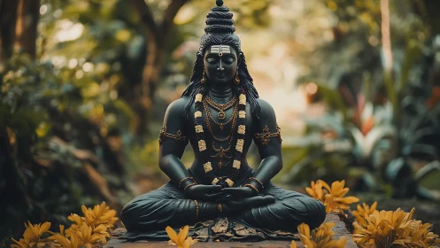 Shiva statue sits in meditative pose within blurred garden