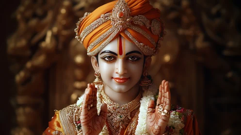 Photorealistic devotional portrait with ornate frontal symmetry.