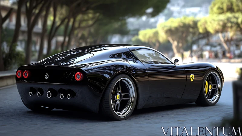 Midnight-black Ferrari prowls a sunlit boulevard dream.