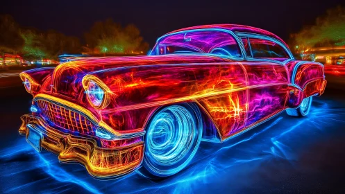 Neon classic car blazes through electric night streetscape.
