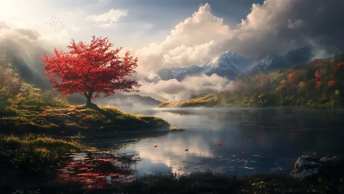 Crimson tree whispering dawnlight beside misty mountain lake.
