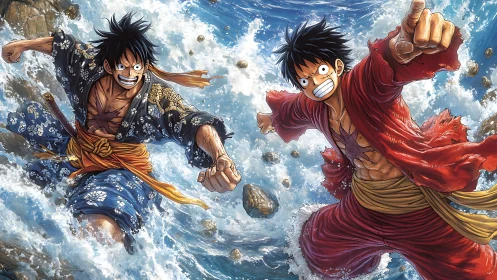 Twin anime warriors charging through crashing ocean waves.