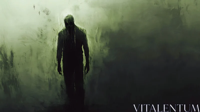 Silhouetted human figure in green fog with blurred contours.