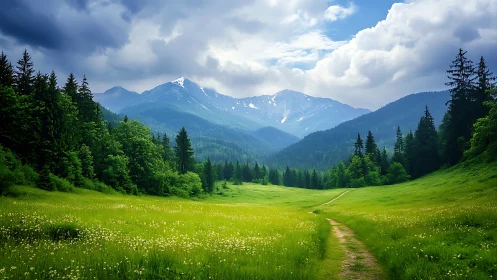 Sunlit meadow path leads toward dramatic alpine peaks