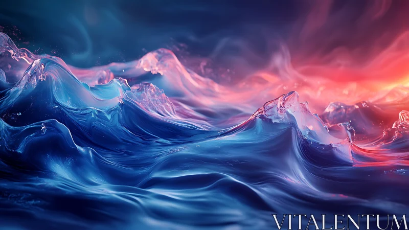 Luminous neon waves roll under a glowing twilight horizon