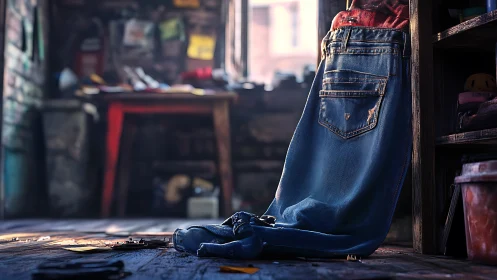 Deconstructed Denim Garment in Industrial Workspace Environment.