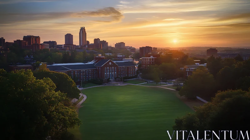 Sunrise over collegiate quad and distant city skyline.