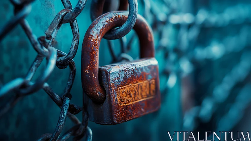 Rusty metal padlock hangs on chain with shallow focus