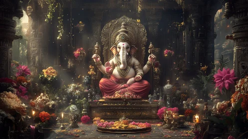 Ganesh idol seated in ornate shrine with dense floral decor.