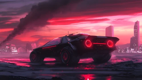 Low-slung cyberpunk coupe idles under magenta atmospheric haze