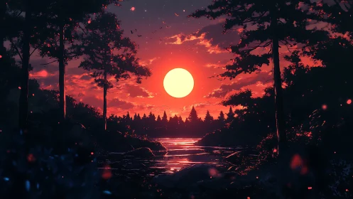 Crimson digital sunset over forest river with glowing sky.