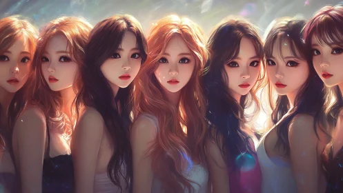 Seven stylized girls stand closely under soft glowing light