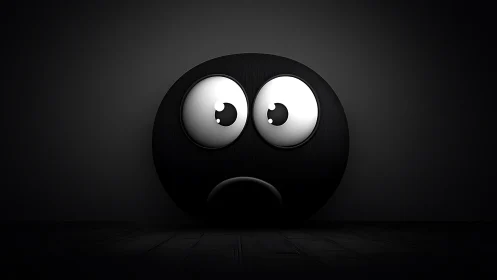 Dark spherical emoji character with sad, worried expression.