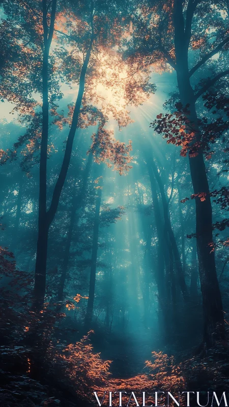 Sunlit Forest Path Through Towering Trees