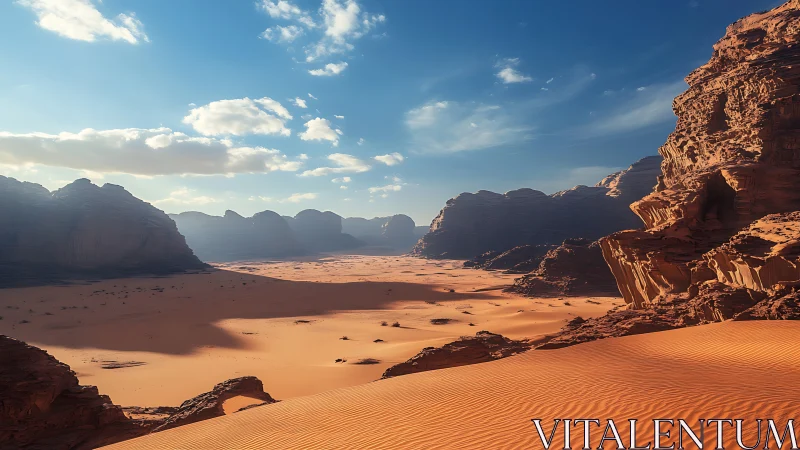 Sunlit canyon dunes drifting under a wide sapphire sky.