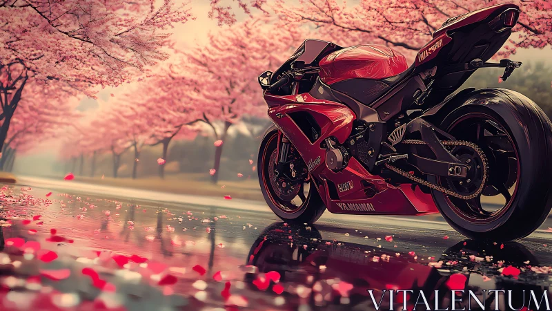 Cherry blossoms welcome a sleek red motorcycle to the road