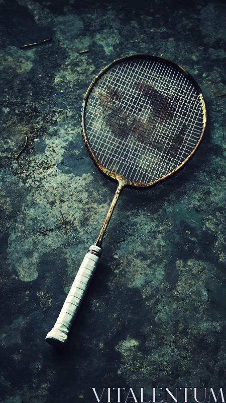 Old badminton racket on worn concrete court surface.